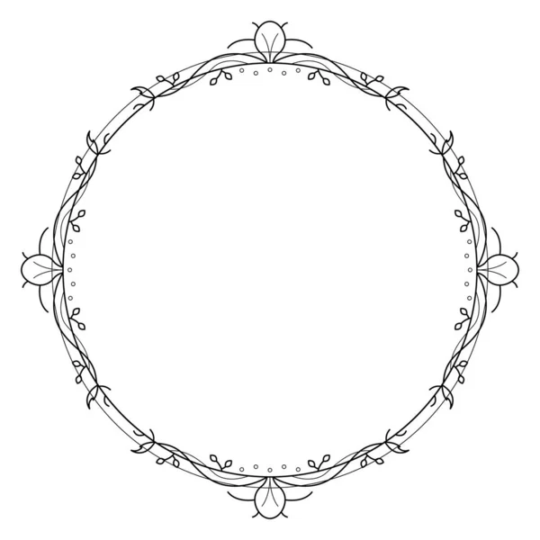 Astratto Nero Semplice Linea Cerchio Rotondo Con Foglie Telaio Fiori — Vettoriale Stock