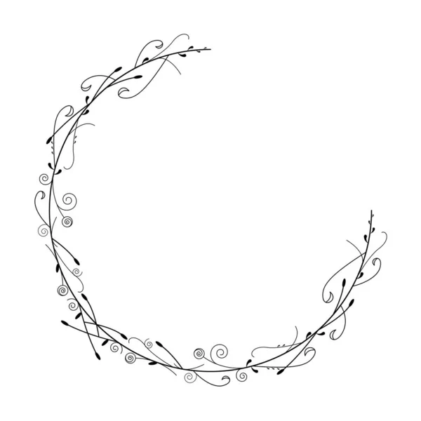 Abstract Black Simple Line Circle Leaf Leaves Frame Flowers Doodle — Vettoriale Stock