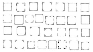 Büyük Set Siyah Basit Çizgi Çerçeve Koleksiyonu Doodle Meydanı Çiçek Çerçeve Elementleri Vektör Tasarım Tasarım Tasarımı Çizimi Banner İçin İzole Resimler