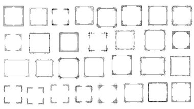 Büyük Set Siyah Basit Çizgi Çerçeve Koleksiyonu Doodle Meydanı Çiçek Çerçeve Elementleri Vektör Tasarım Tasarım Tasarımı Çizimi Banner İçin İzole Resimler