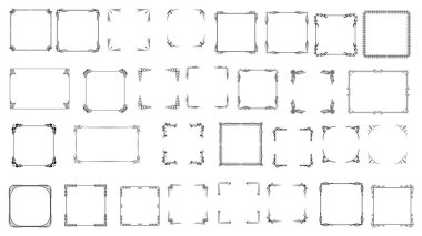 Büyük Set Siyah Basit Çizgi Çerçeve Koleksiyonu Doodle Meydanı Çiçek Çerçeve Elementleri Vektör Tasarım Tasarım Tasarımı Çizimi Banner İçin İzole Resimler