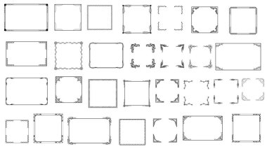 Büyük Set Siyah Basit Çizgi Çerçeve Koleksiyonu Doodle Meydanı Çiçek Çerçeve Elementleri Vektör Tasarım Tasarım Tasarımı Çizimi Banner İçin İzole Resimler