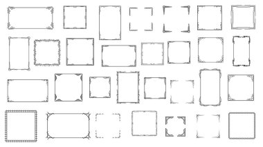 Büyük Set Siyah Basit Çizgi Çerçeve Koleksiyonu Doodle Meydanı Çiçek Çerçeve Elementleri Vektör Tasarım Tasarım Tasarımı Çizimi Banner İçin İzole Resimler