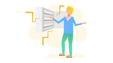 Soyut Düz Adam Elektrik Kutusuna girdi Elektrik Şoku İlk Yardım Çizgi Film Karakteri Resimli Vektör Tasarımı Sağlık Stili Elektroşirinliği