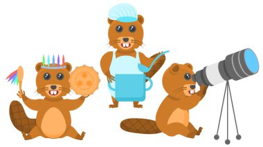 Soyut Koleksiyonu Düzleştir Düz Hayvan Kunduzları Tef ile Şaman, Tencere ve Ladin ile Aşçı, Teleskop Vektör Tasarım Tarzı Vahşi Yaşam Elementleri 