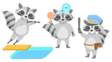 Soyut Koleksiyon Düz Çizgi Filmini Havuza Atlayan Farklı Hayvan Rakunlarını, Batonlu Polis Memurunu, Scapula Vektör Tasarım Tarzı Vahşi Yaşam Biçimine sahip Oftalmolojisti Ayarla