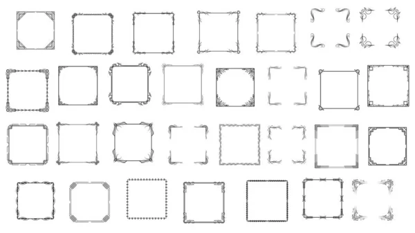 Big Set Black Simple Line Frame Collection Doodle Square Цветочная — стоковый вектор