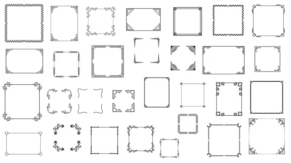 Big Set Black Simple Line Frame Collection Doodle Square Floral — Stock vektor