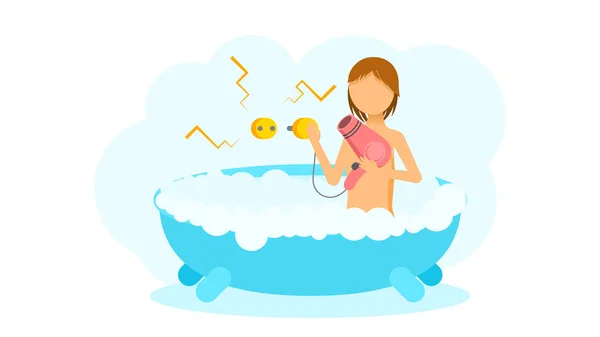 Absztrakt Flat Woman Girl Bath Tartalmaz Egy Hajszárító Elektromos Sokk — Stock Vector