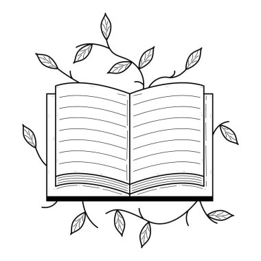 Bitkilerle Soyut Siyah Basit Satır Açık Kitap Yaprak Kaplaması Element Vektör Tasarımı Tasarım Tasarımı Okuma, Eğitim için Beyaz Arkaplan Resimlerine İzole Edildi, Rahatlayın