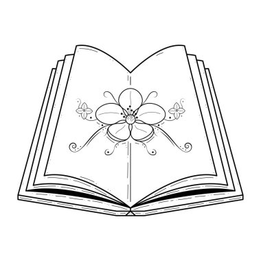 Abstract Black Simple Line Open Book With Plant Doodle Outline Element Vector Design Style Sketch Isolated On White Background Illustration For Reading, Education, Relax
