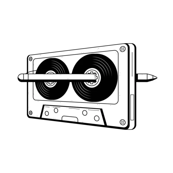 Abstract Hand Drawn Classic Tape Old Cassette With Pen Doodle Concept Vector Design Outline Style On White Background Isolated Outline Music, Sound, Audio, Relax