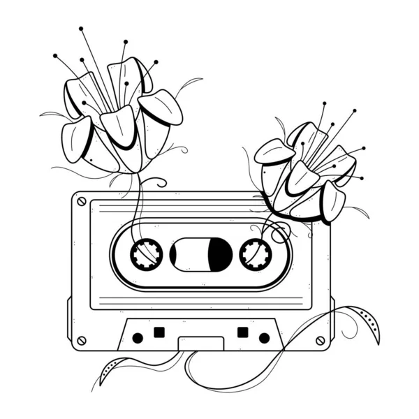 추상적 Drawn Classic Tape Old Cassette Flowers Doodle Concept Vector — 스톡 벡터