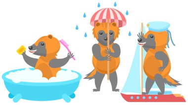 Soyut Koleksiyon Düz Çizgi Filmini Farklı Hayvan Kurtları Banyo 'da Yağmurda Şemsiyeyle Yıkanır Gemi Vektör Tasarım Tarzı Hayvanat Bahçesi' nde Yelken Açar