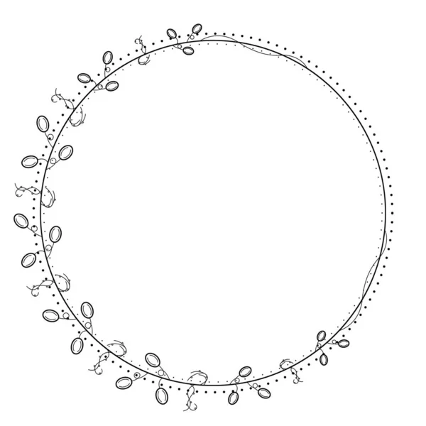 Abstract Zwarte Eenvoudige Lijn Ronde Cirkel Met Bladeren Frame Bloemen — Stockvector