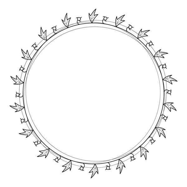 Abstrakt Svart Enkel Linje Rund Cirkel Med Blad Blad Ram — Stock vektor