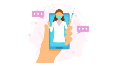 Smartphone Aşısı 'nda soyut Düz Sıhhiye Şırınga Çizgi Filmi Karakteri İllüstrasyon Vektör Tasarım Biçimi Coronavirüs COVID-19 Toplu Sağlık Aşısı Salgını