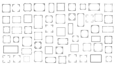 Büyük Set Siyah Basit Çizgi Çerçeve Koleksiyonu Doodle Meydanı Çiçek Çerçeve Elementleri Vektör Tasarım Tasarım Tasarımı Çizimi Banner İçin İzole Resimler