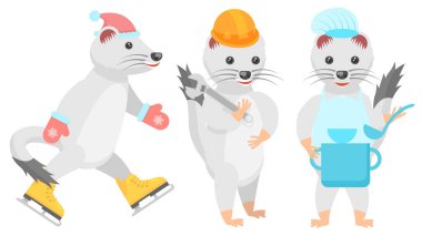 Soyut Koleksiyon Düz Çizgi Filmini Farklı Hayvan Erminleri Patenlerini, Tencere ve Ladin ile Aşçılığı, Anahtarı Vektör Tasarım Tarzı Vahşi Yaşam Biçimli Kurucuları Ayarla