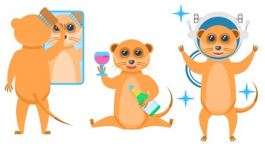 Soyut Koleksiyon Düz Çizgi Filmini Ayna Önünde Saçlarını Tarayan Farklı Hayvan Mirketleri, Kasklı Astronot, İçkili Alkolik İçecekler Vektör Tasarımı Vahşi Yaşam Biçimi