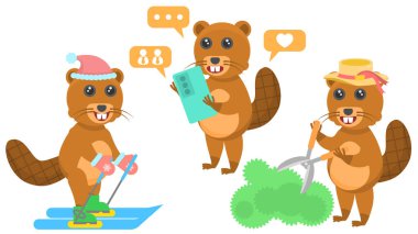 Soyut Koleksiyon Düz Çizgi Filmini Farklı Hayvan Kunduzları Kayakçılığı, Bahçıvan Süslemeleri Sosyal Ağ Vektör Tasarım Tarzı Hayvan Hayatı Biçiminde Akıllı Telefon ile Çalılıkları Ayarla 