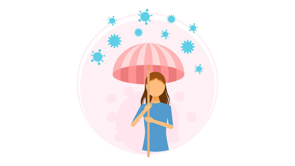 Абстрактная плоская девушка под зонтиком защищает себя от вируса. Векторный дизайн Коронавирус COVID-19 Массовая вакцинация Здравоохранение