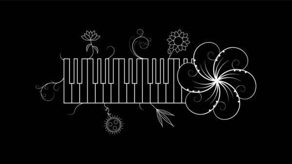 アブストラクトピアノキー 植物のブランチ植物のドードルとキーボード楽器概要メルトソンメロディベクトルデザインスタイル — ストックベクタ