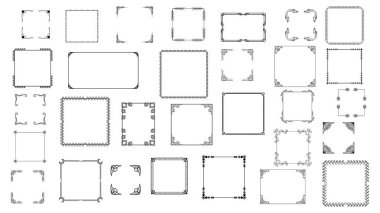 Büyük Set Siyah Basit Çizgi Çerçeve Koleksiyonu Doodle Meydanı Çiçek Çerçeve Elementleri Vektör Tasarım Tasarım Tasarımı Çizimi Banner İçin İzole Resimler