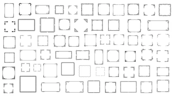 Big Set Black Simple Line Frame Collection Doodle Square Цветочная — стоковый вектор