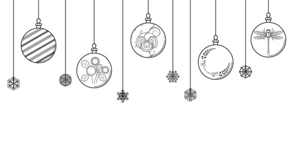 Esquema Doodle Negro Línea Simple Abstracto Feliz Navidad Navidad Bolas — Vector de stock