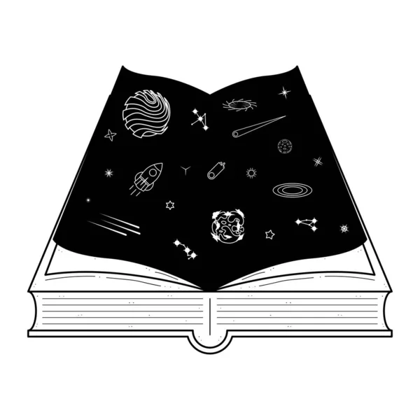 Livre Ouvert Abstrait Noir Simple Ligne Avec Espace Planètes Étoiles — Image vectorielle