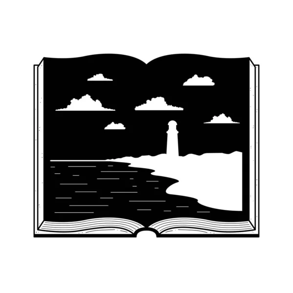 Livre Ouvert Abstrait Noir Simple Ligne Avec Phare Nuages Nature — Image vectorielle