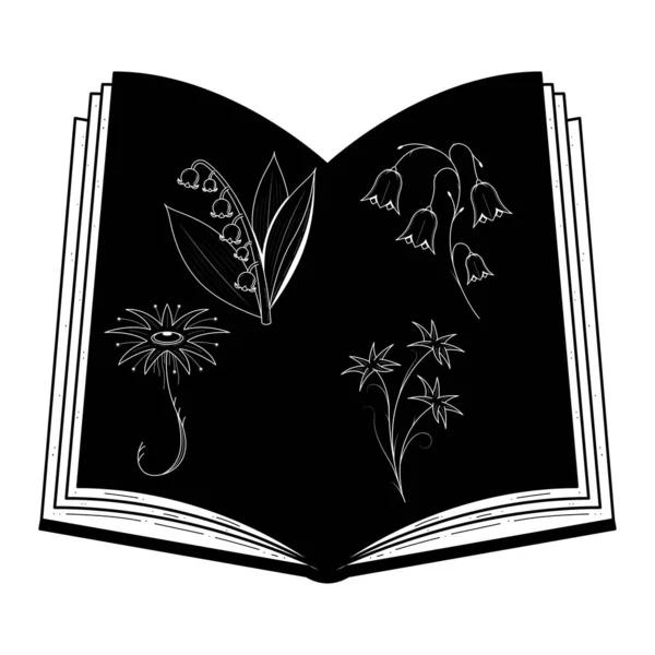 Abstrato Preto Linha Simples Livro Aberto Com Plantas Botânico Doodle —  Vetores de Stock