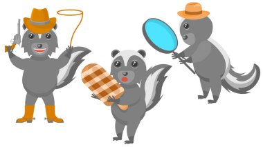 Soyut Koleksiyon Düz Çizgi Filmi Farklı Hayvan Kokarcaları Dedektifi Büyüteçle, Kocaman Dondurmalı Kovboy Kement Çizmeleri ve Şapka Vektörü Tasarım Tarzı Hayvan Hayatı