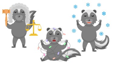 Set Abstract Collection Flat Cartoon Different Animal Skunks Judge With Scales And Gavel, Tangled In A Garland, Stands Under The Falling Snowflakes Vector Design Style Elements Fauna Wildlife vector