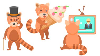 Soyut Koleksiyonu Düz Çizgi Filmi Farklı Hayvan Kırmızı Pandaları Silindir Şapkalı ve Çubuklu Dev Dondurma ile TV Vektör Tasarım Tarzı Vahşi Hayvanat Bahçesi