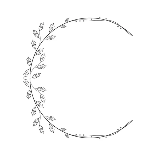 Abstract Zwarte Eenvoudige Lijn Ronde Cirkel Met Bladeren Frame Bloemen — Stockvector