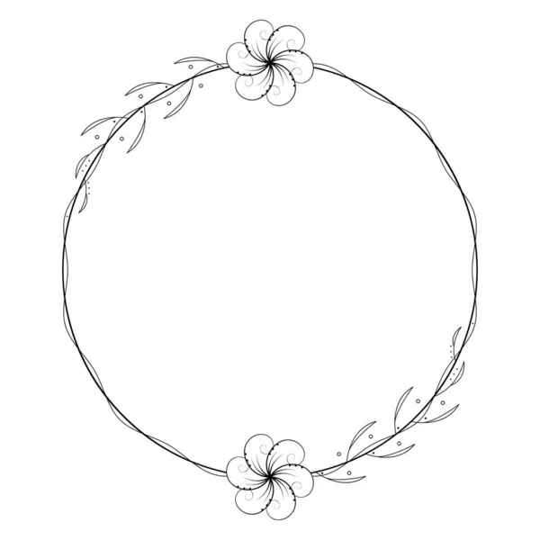 Streszczenie Black Simple Line Circle Leaf Leaves Frame Flowers Doodle — Wektor stockowy