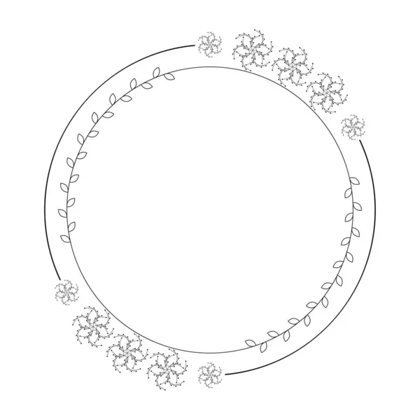 Abstract Zwarte Eenvoudige Lijn Ronde Cirkel Met Bladeren Frame Bloemen — Stockvector