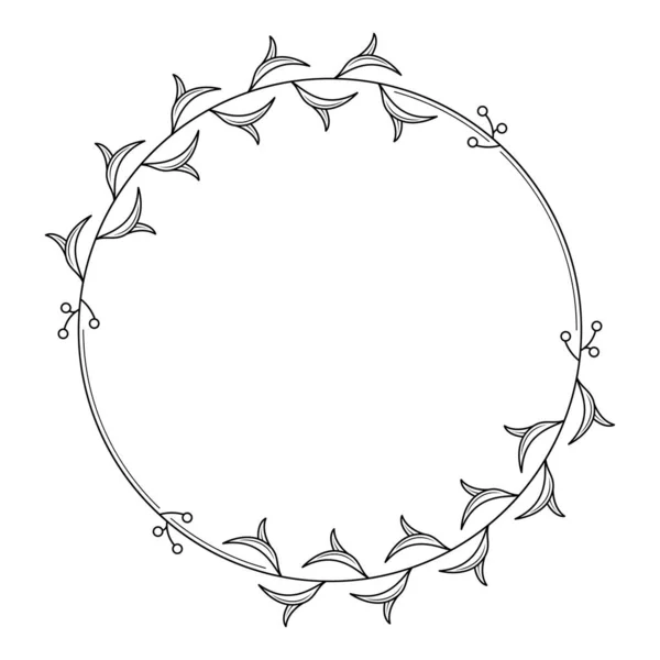 Cercle Rond Abstrait Ligne Simple Noire Avec Des Feuilles Feuille — Image vectorielle