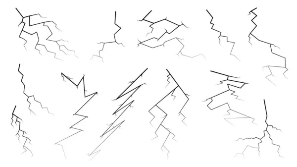 Set Black Outline Simple Line Abstract Collection Lightning Thunderstorm Abackground - Stok Vektor