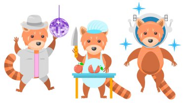 Soyut Koleksiyonu Düzleştir Farklı Hayvan Kırmızı Pandaları Disko Topunun Altında Dans Et, Şef Sebzeleri Bıçakla Kesiyor, Astronot Başlıklı Vektör Tasarım Tarzı Vahşi Hayvanlar