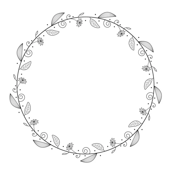 Abstract Black Simple Line Circle Leaf Leaves Frame Flowers Doodle — Vettoriale Stock