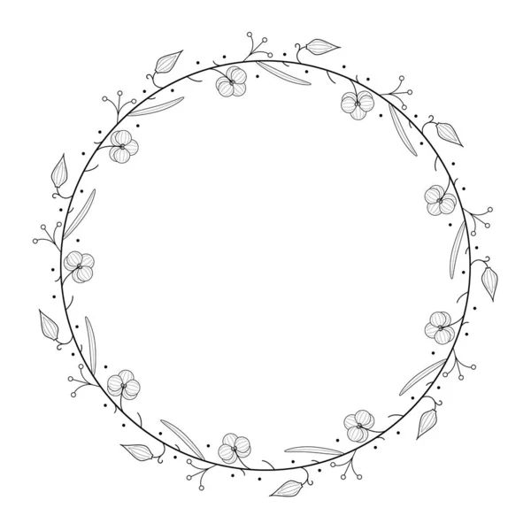 Abstract Zwarte Eenvoudige Lijn Ronde Cirkel Met Bladeren Frame Bloemen — Stockvector