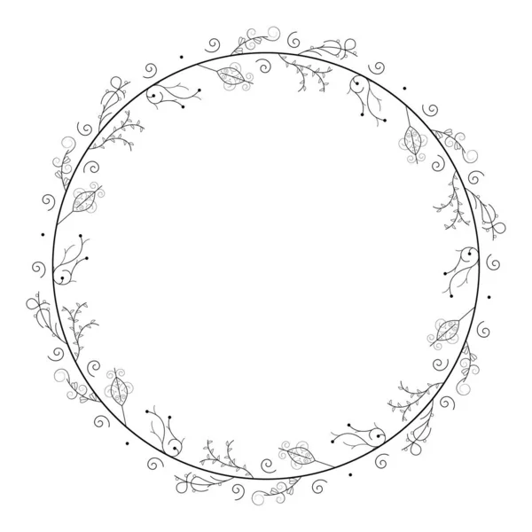 Abstract Zwarte Eenvoudige Lijn Ronde Cirkel Met Bladeren Frame Bloemen — Stockvector