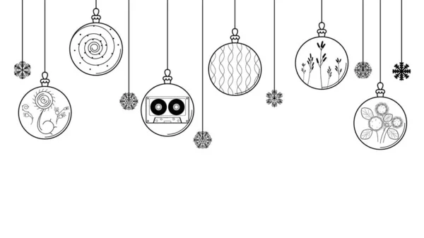Esquema Doodle Negro Línea Simple Abstracto Feliz Navidad Navidad Bolas — Vector de stock