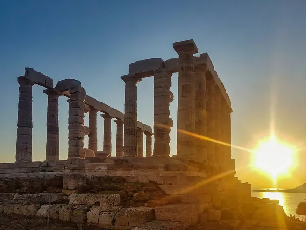 Zonsondergang Bij Tempel Van Poseidon Griekenland — Stockfoto