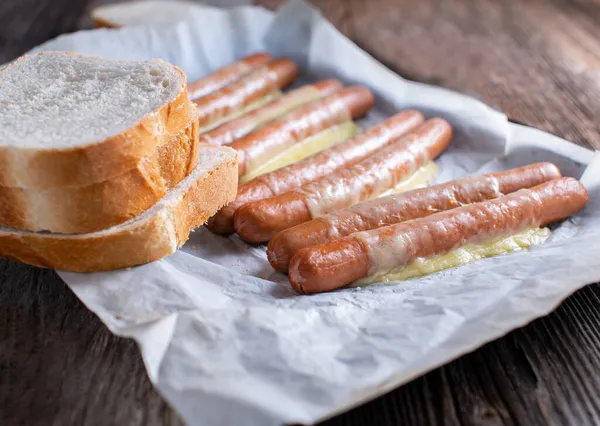 Unhealthy Fast Food Meal Vienna Sausage Melted Cheese White Bread — Stock Photo, Image
