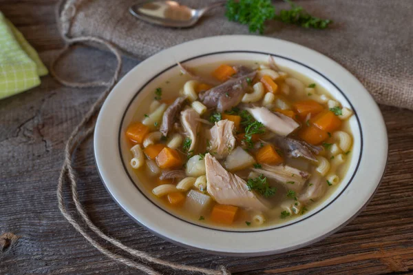 Plate Traditional Chicken Soup Fresh Homemade Cooked Noodles Served Rustic — 图库照片