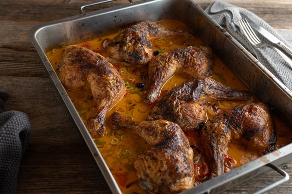 Homemade Fresh Cooked Roasted Chicken Legs Creamy Harissa Sauce Served — Foto Stock
